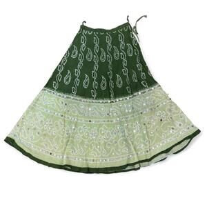 Green peasant maxi skirt with paisley design and sequins